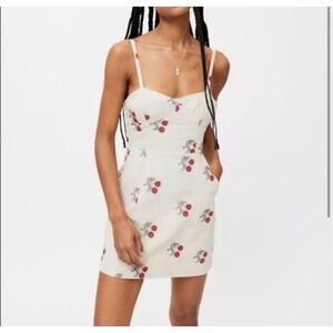 Urban Outfitters Embroidered Cherry Linen Blend Mini Dress Cream Red XS